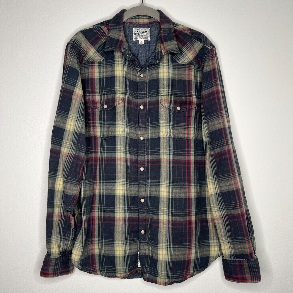 Lucky Brand Mens Shirt Western Plaid Lined Pearl Snap L Large